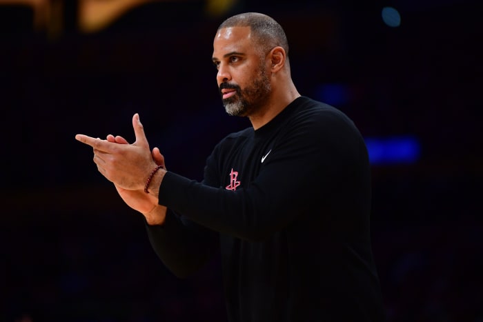 Rockets head coach Ime Udoka watches game action against the Los Angeles Lakers during the second half at Crypto.com Arena
